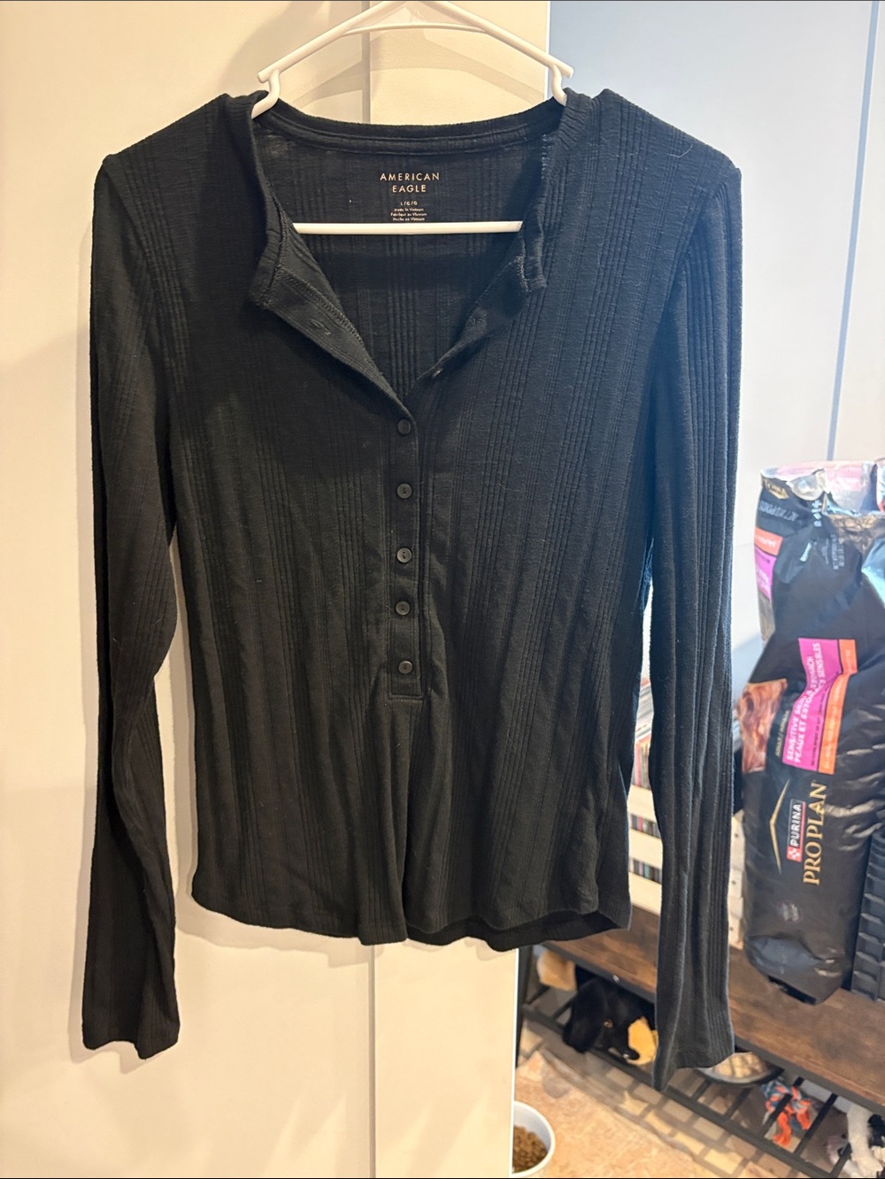 AE Long Sleeve Henley T-Shirt in Black - Picture 2 of 5